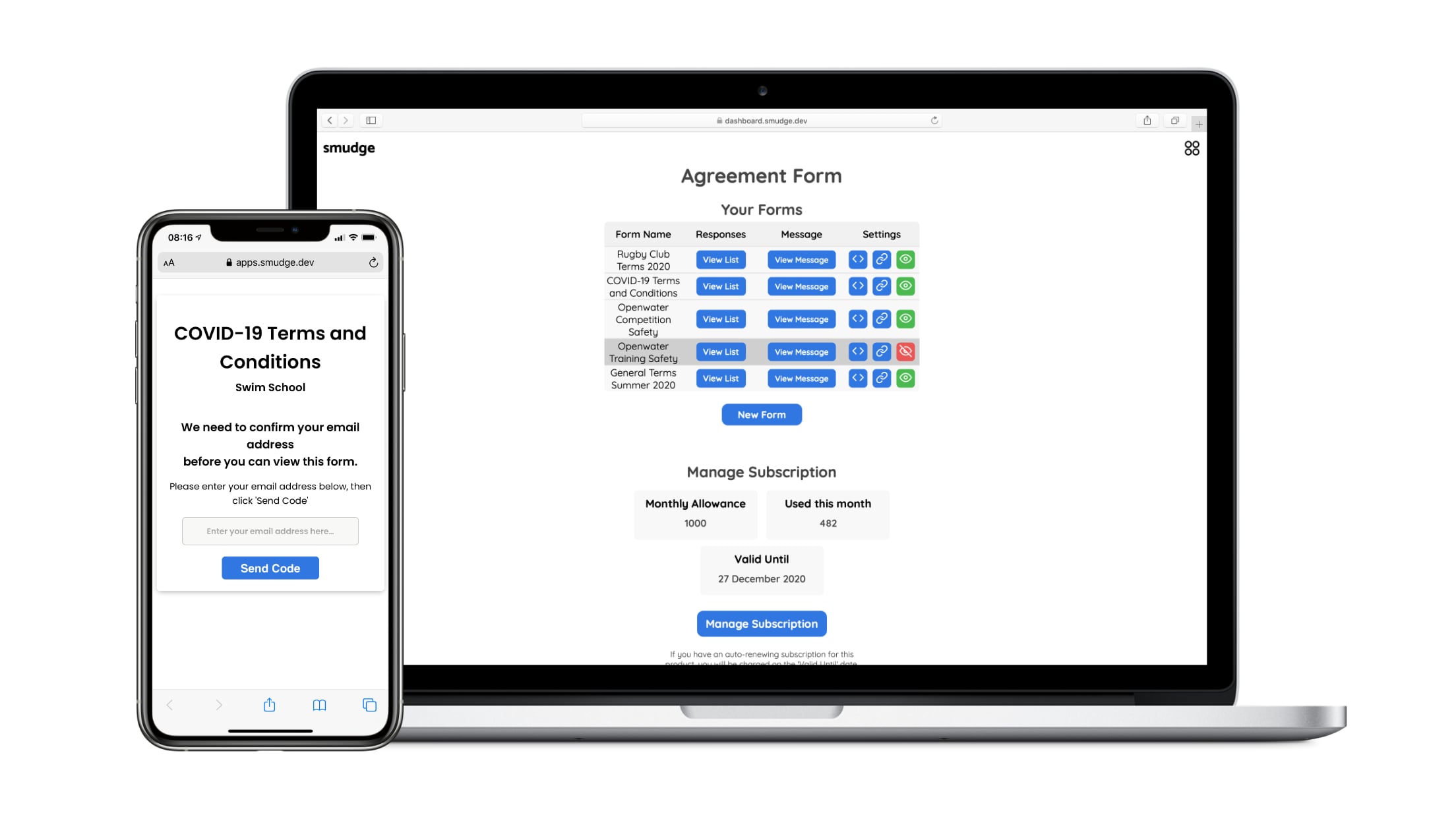 Smudge Agreement Forms Admin Console