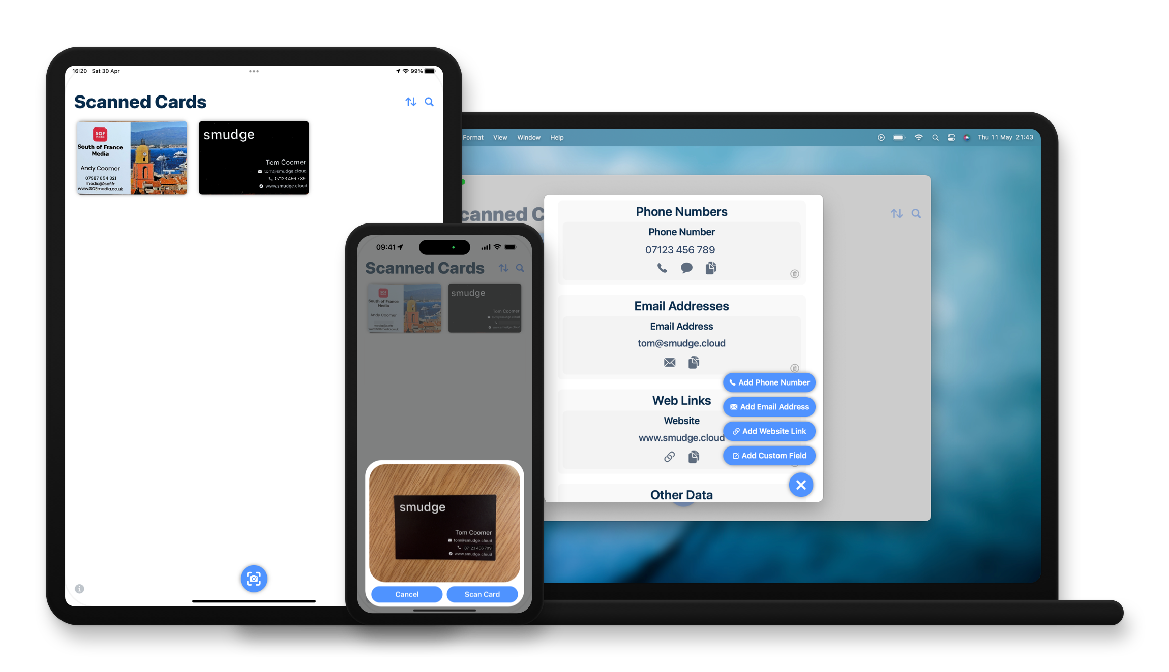 Business Card Scan app screenshots on iPhone, iPad and Mac