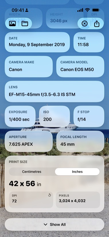 The print size and DPI calculator in Metadata Pro