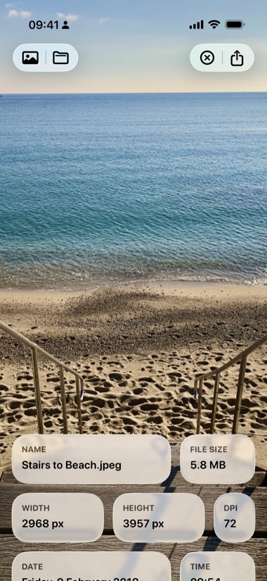 Metadata showing a beach photograph with its file name, size, dimensions and DPI