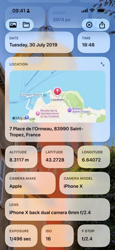 Metadata showing a location card with an Apple Maps view of Saint-Tropez and its coordinates