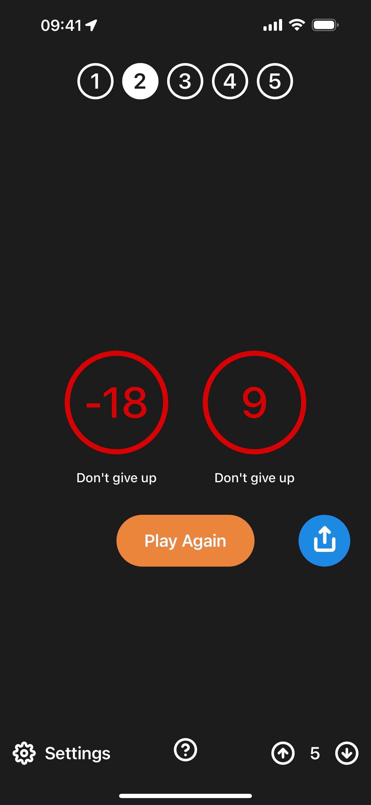 Game 2 result showing two missed timers and a Play Again button
