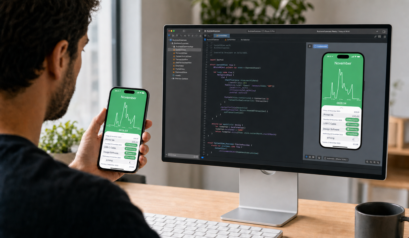 Software developer testing an iPhone app beside an iOS development environment
