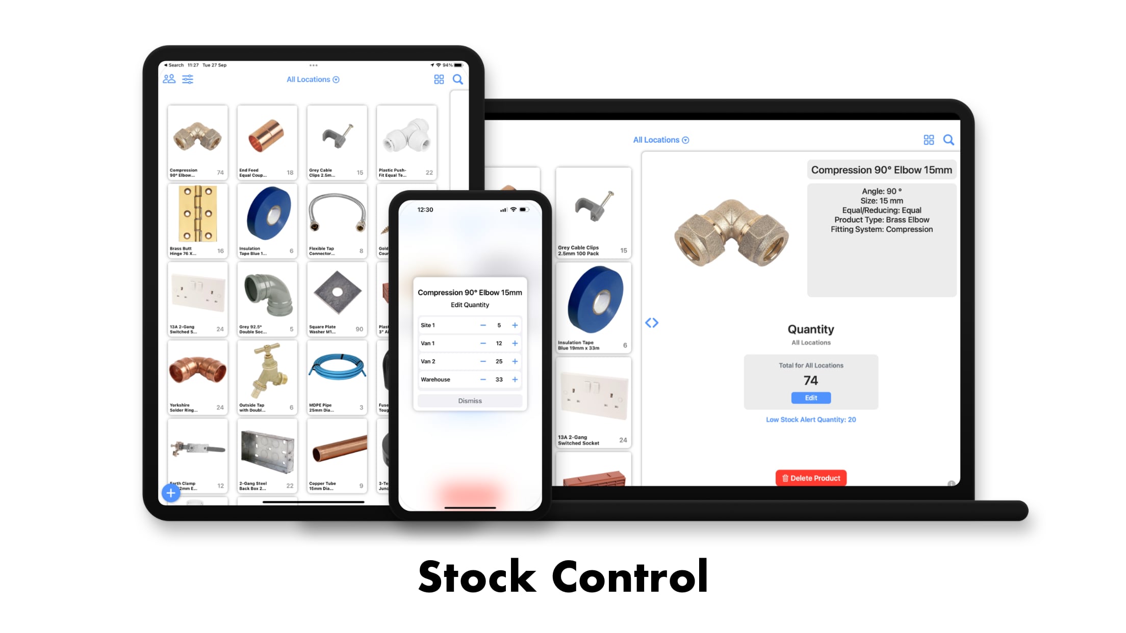 Stock Control app running on iPhone, iPad and Mac