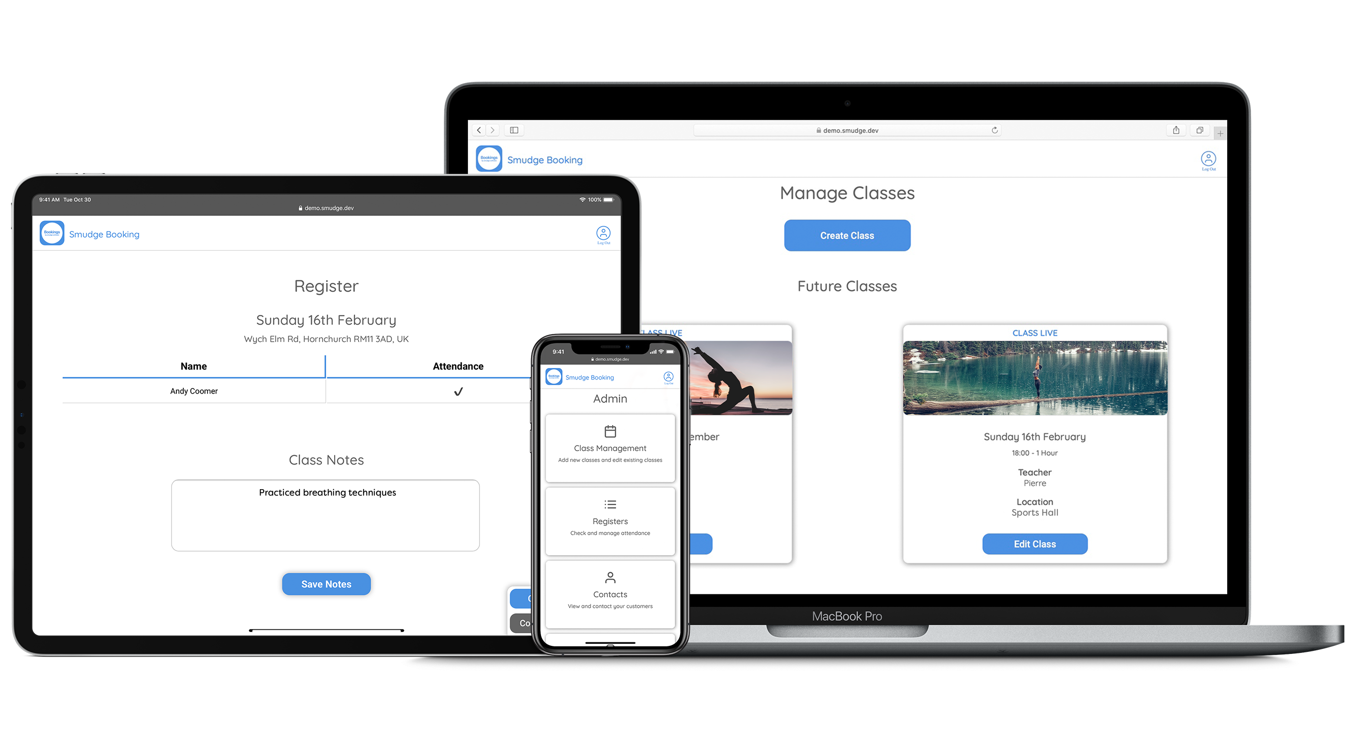 Yoga class online booking admin software running on mobile, tablet, laptop and desktop.